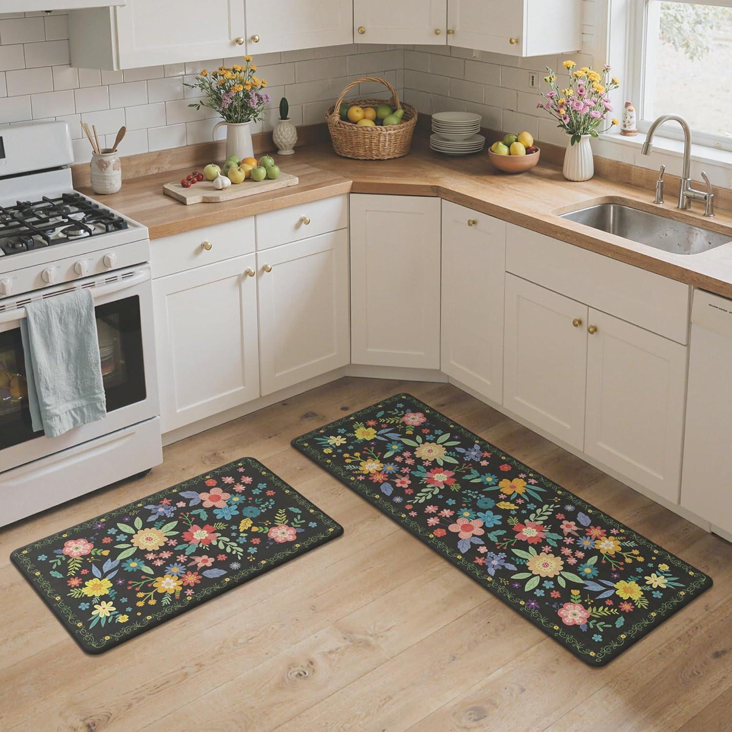 imageGENIMO Kitchen Mats for Floor 2PCS Cushioned Kitchen Rugs Non Slip Washable Farmhouse Anti Fatigue Mat Waterproof Comfort Standing Mat Rug for Office Home Laundry 173x47173x30 BlackBlack