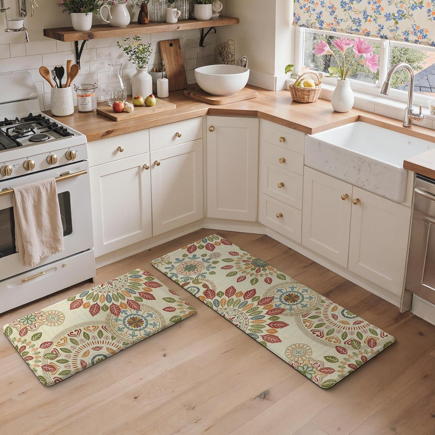 imageGENIMO Kitchen Mats for Floor 2PCS Cushioned Kitchen Rugs Non Slip Washable Farmhouse Anti Fatigue Mat Waterproof Comfort Standing Mat Rug for Office Home Laundry 173x47173x30 BlackBeigered