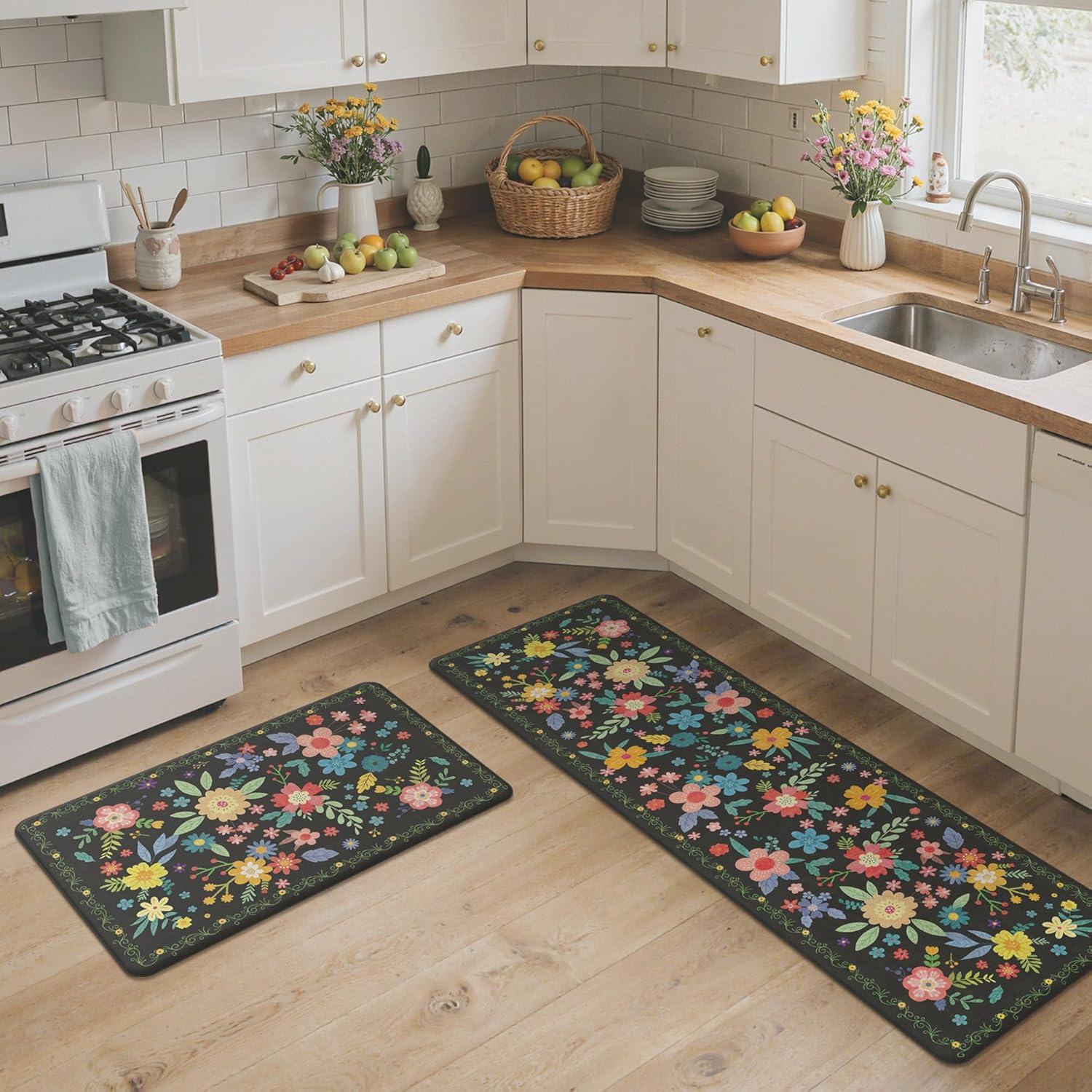 imageGENIMO Kitchen Mats for Floor 2PCS Cushioned Kitchen Rugs Non Slip Washable Farmhouse Anti Fatigue Mat Waterproof Comfort Standing Mat Rug for Office Home Laundry 173x47173x30 BlackBlack