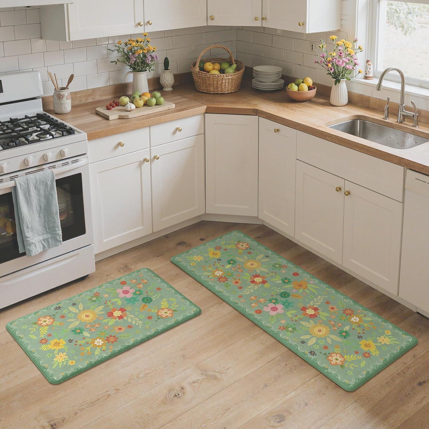 imageGENIMO Kitchen Mats for Floor 2PCS Cushioned Kitchen Rugs Non Slip Washable Farmhouse Anti Fatigue Mat Waterproof Comfort Standing Mat Rug for Office Home Laundry 173x47173x30 BlackLightgreen