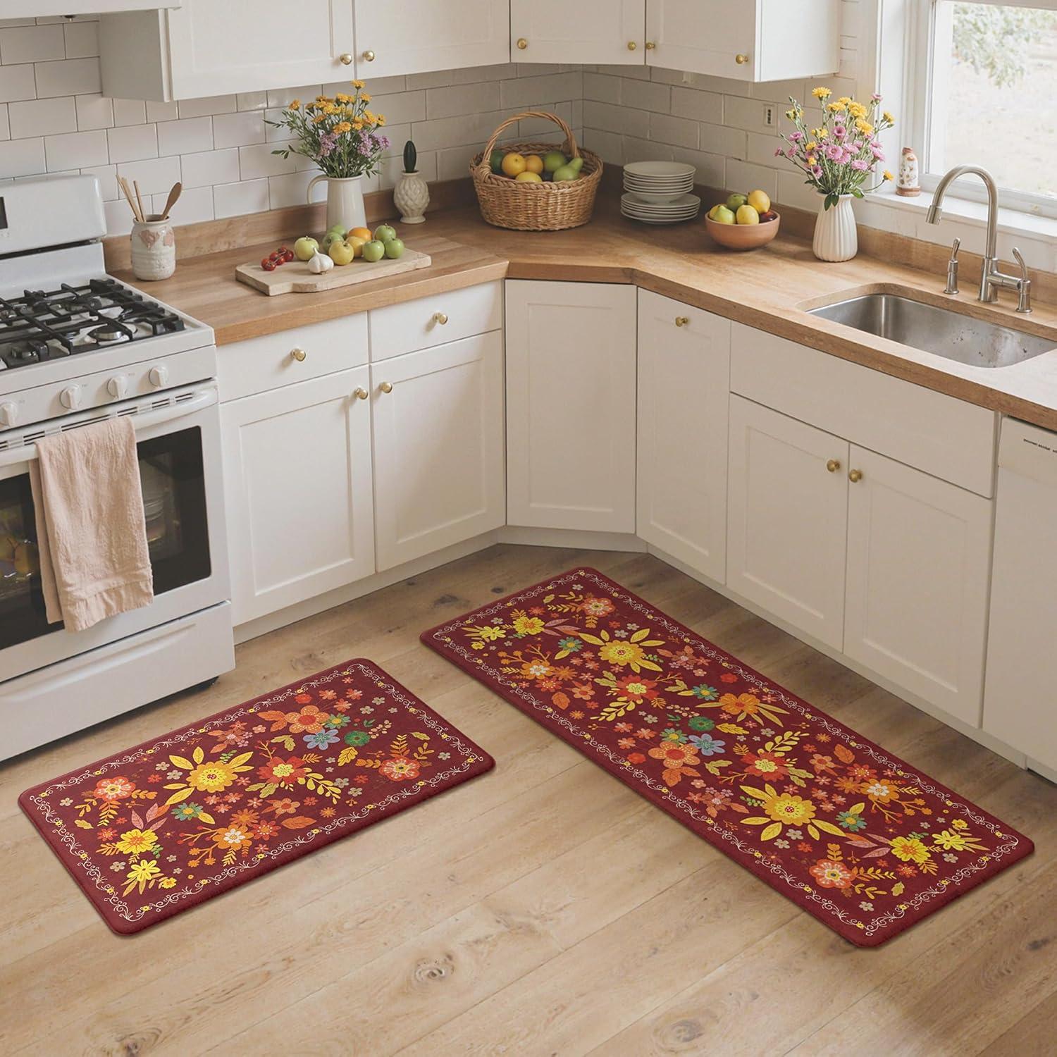 imageGENIMO Kitchen Mats for Floor 2PCS Cushioned Kitchen Rugs Non Slip Washable Farmhouse Anti Fatigue Mat Waterproof Comfort Standing Mat Rug for Office Home Laundry 173x47173x30 BlackRed