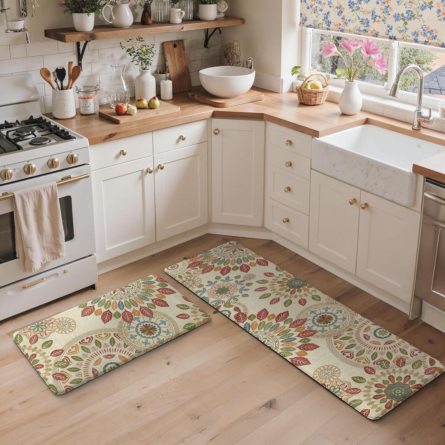imageGENIMO Kitchen Mats for Floor 2PCS Cushioned Kitchen Rugs Non Slip Washable Farmhouse Anti Fatigue Mat Waterproof Comfort Standing Mat Rug for Office Home Laundry 173x47173x30 BlackBeigered