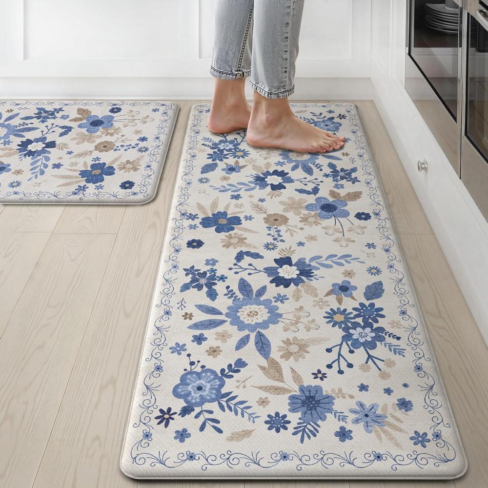imageGENIMO Kitchen Mats for Floor 2PCS Cushioned Kitchen Rugs Non Slip Washable Farmhouse Anti Fatigue Mat Waterproof Comfort Standing Mat Rug for Office Home Laundry 173x47173x30 BlackBeige Blue