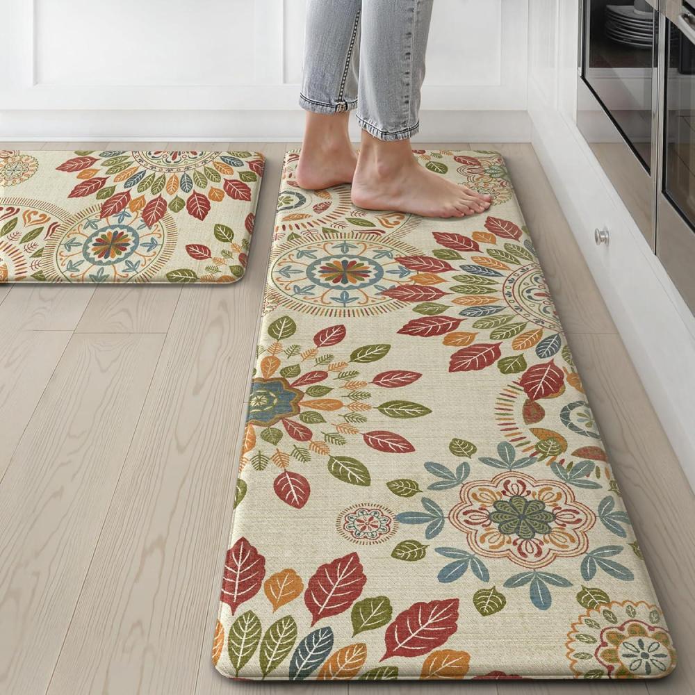 imageGENIMO Kitchen Mats for Floor 2PCS Cushioned Kitchen Rugs Non Slip Washable Farmhouse Anti Fatigue Mat Waterproof Comfort Standing Mat Rug for Office Home Laundry 173x47173x30 BlackBeigered