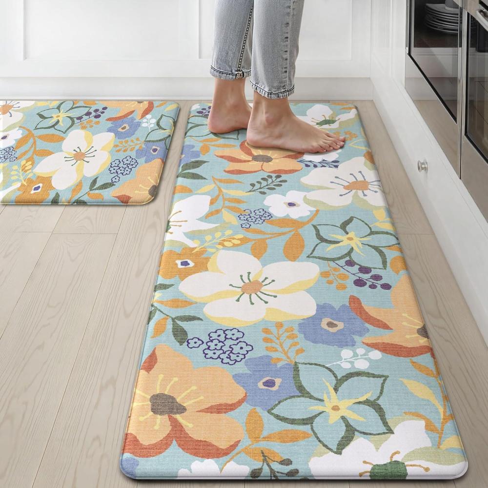 imageGENIMO Kitchen Mats for Floor 2PCS Cushioned Kitchen Rugs Non Slip Washable Farmhouse Anti Fatigue Mat Waterproof Comfort Standing Mat Rug for Office Home Laundry 173x47173x30 BlackAqua