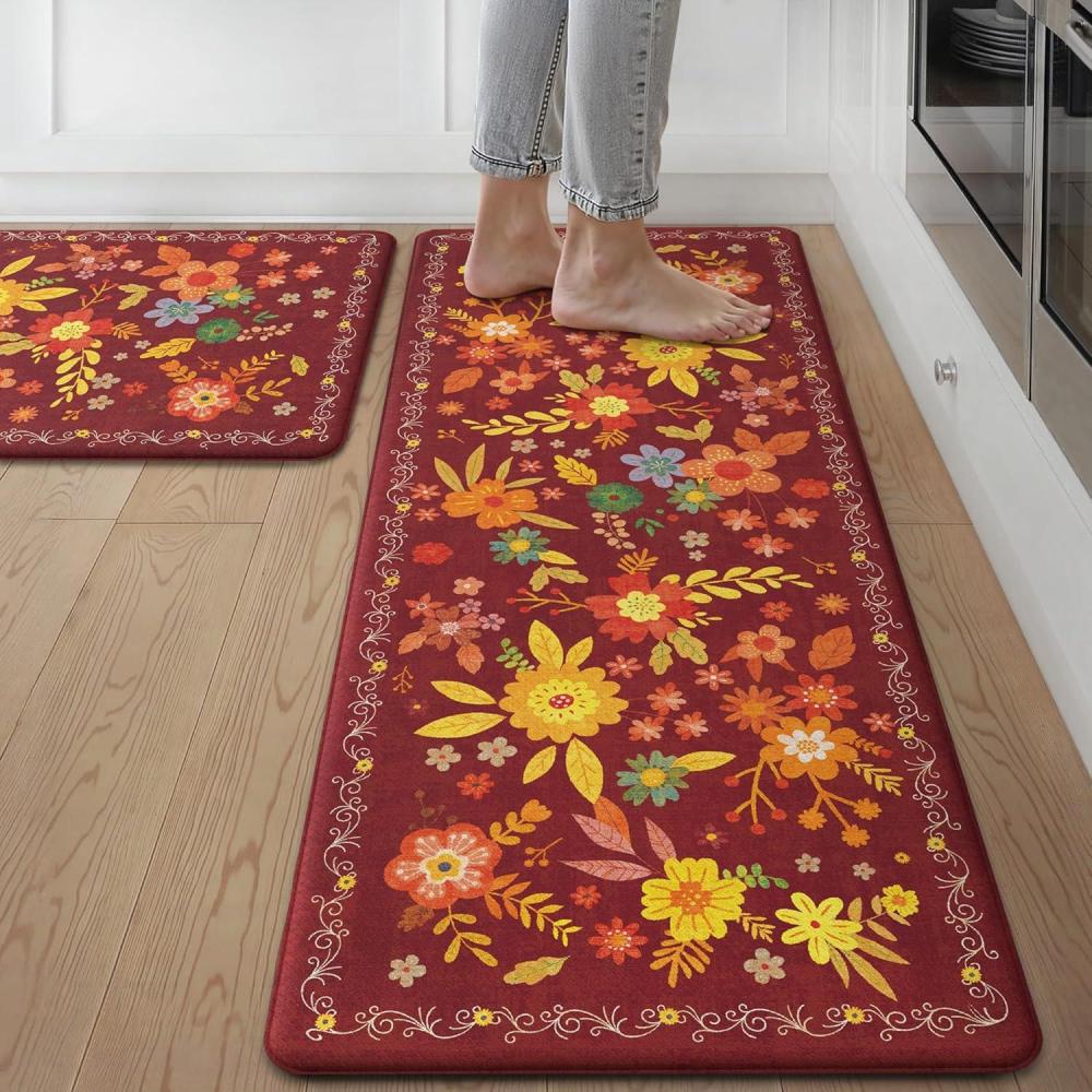 imageGENIMO Kitchen Mats for Floor 2PCS Cushioned Kitchen Rugs Non Slip Washable Farmhouse Anti Fatigue Mat Waterproof Comfort Standing Mat Rug for Office Home Laundry 173x47173x30 BlackRed