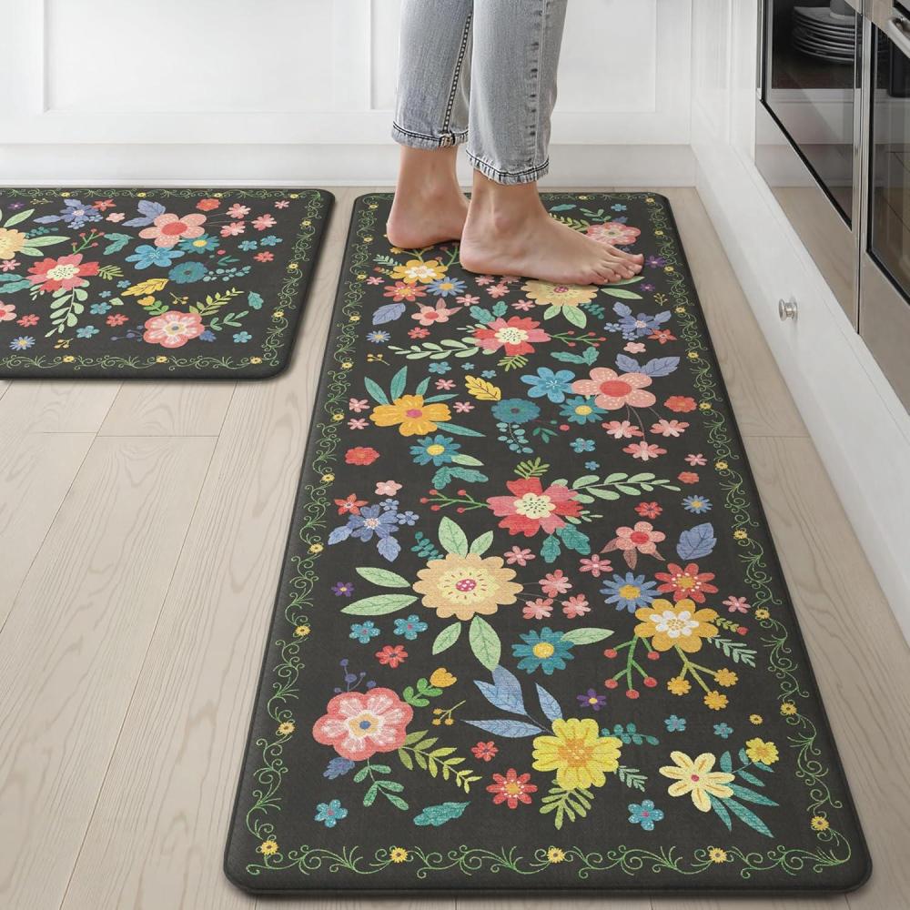 imageGENIMO Kitchen Mats for Floor 2PCS Cushioned Kitchen Rugs Non Slip Washable Farmhouse Anti Fatigue Mat Waterproof Comfort Standing Mat Rug for Office Home Laundry 173x47173x30 BlackBlack