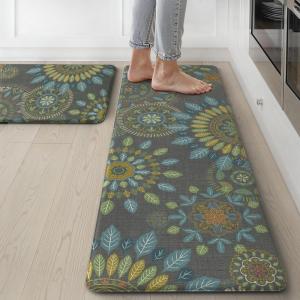 GENIMO Kitchen Mats for Floor 2PCS, Cushioned Kitchen Rugs Non Slip Washable, Farmhouse Anti Fatigue Mat Waterproof, Comfort Standing Mat Rug for Office, Home, Laundry, 17.3″x47″+17.3″x30″, Black(Green)