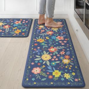 GENIMO Kitchen Mats for Floor 2PCS, Cushioned Kitchen Rugs Non Slip Washable, Farmhouse Anti Fatigue Mat Waterproof, Comfort Standing Mat Rug for Office, Home, Laundry, 17.3″x47″+17.3″x30″, Black(Navy)