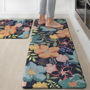 GENIMO Kitchen Mats for Floor 2PCS, Cushioned Kitchen Rugs Non Slip Washable, Farmhouse Anti Fatigue Mat Waterproof, Comfort Standing Mat Rug for Office, Home, Laundry, 17.3″x47″+17.3″x30″, Black(Light-black)