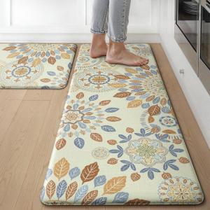GENIMO Kitchen Mats for Floor 2PCS, Cushioned Kitchen Rugs Non Slip Washable, Farmhouse Anti Fatigue Mat Waterproof, Comfort Standing Mat Rug for Office, Home, Laundry, 17.3″x47″+17.3″x30″, Black(Beigeblue)