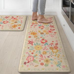 GENIMO Kitchen Mats for Floor 2PCS, Cushioned Kitchen Rugs Non Slip Washable, Farmhouse Anti Fatigue Mat Waterproof, Comfort Standing Mat Rug for Office, Home, Laundry, 17.3″x47″+17.3″x30″, Black(Beige)