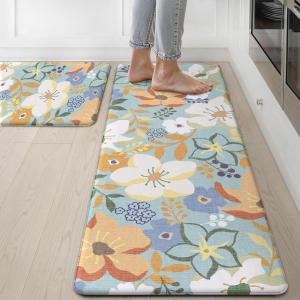 GENIMO Kitchen Mats for Floor 2PCS, Cushioned Kitchen Rugs Non Slip Washable, Farmhouse Anti Fatigue Mat Waterproof, Comfort Standing Mat Rug for Office, Home, Laundry, 17.3″x47″+17.3″x30″, Black(Aqua)