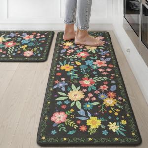 GENIMO Kitchen Mats for Floor 2PCS, Cushioned Kitchen Rugs Non Slip Washable, Farmhouse Anti Fatigue Mat Waterproof, Comfort Standing Mat Rug for Office, Home, Laundry, 17.3″x47″+17.3″x30″, Black(Black)