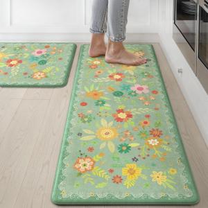 GENIMO Kitchen Mats for Floor 2PCS, Cushioned Kitchen Rugs Non Slip Washable, Farmhouse Anti Fatigue Mat Waterproof, Comfort Standing Mat Rug for Office, Home, Laundry, 17.3″x47″+17.3″x30″, Black(Light-green)