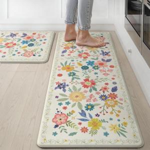 GENIMO Kitchen Mats for Floor 2PCS, Cushioned Kitchen Rugs Non Slip Washable, Farmhouse Anti Fatigue Mat Waterproof, Comfort Standing Mat Rug for Office, Home, Laundry, 17.3″x47″+17.3″x30″, Black(Softwhite)