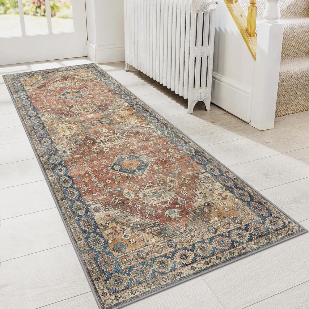 imageGENIMO Runner Rug 2x5 Non Slip Machine Washable Vintage Hallway Runner Rug Low Pile Lightweight Rugs for Entryway Hallway Kitchen and Corridor Antique Red