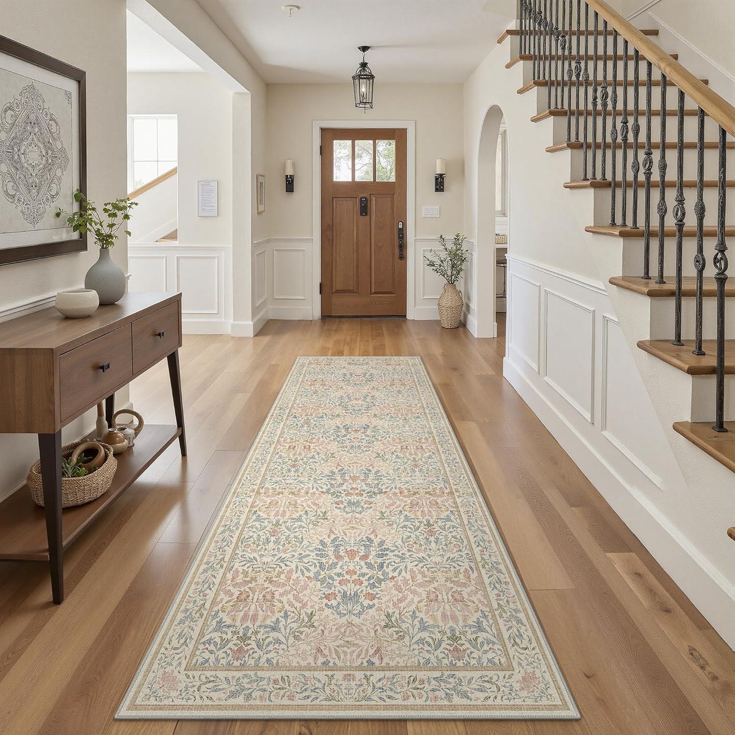 imageGENIMO 5x7 Washable Area Rug NonSlip Vintage Boho Floral Carpet Soft LowPile Thin Bedroom Rug for Living Room Dining Room Nursery Pink WhiteBeige Pink