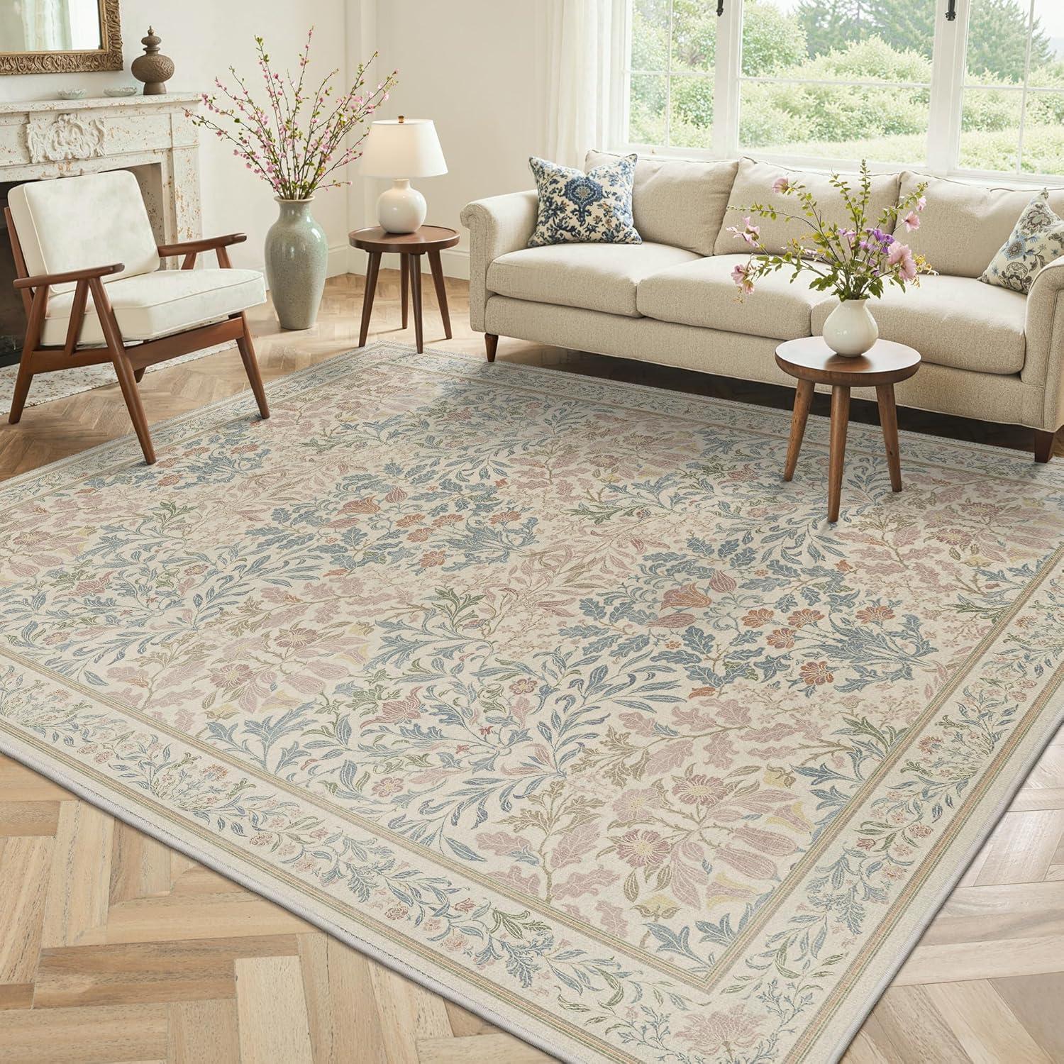 imageGENIMO 5x7 Washable Area Rug NonSlip Vintage Boho Floral Carpet Soft LowPile Thin Bedroom Rug for Living Room Dining Room Nursery Pink WhiteBeige Pink