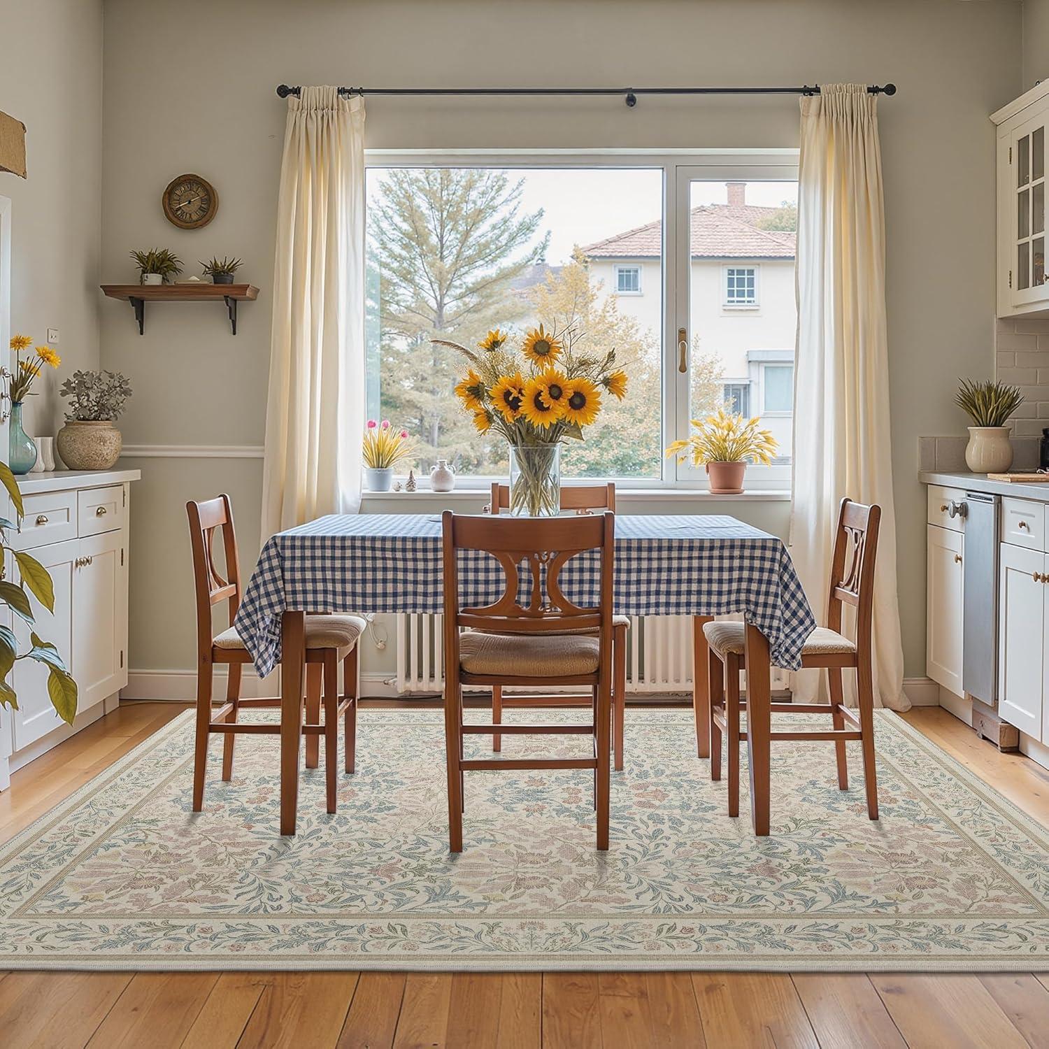 imageGENIMO 5x7 Washable Area Rug NonSlip Vintage Boho Floral Carpet Soft LowPile Thin Bedroom Rug for Living Room Dining Room Nursery Pink WhiteBeige Pink