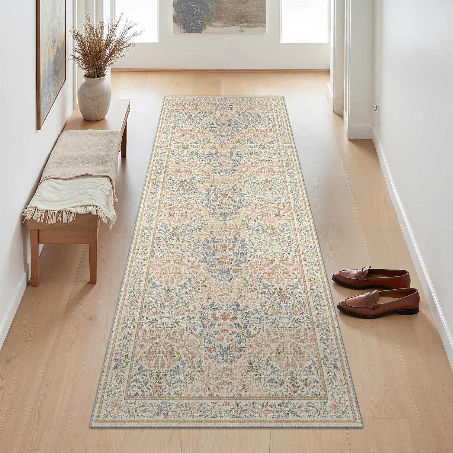 imageGENIMO 5x7 Washable Area Rug NonSlip Vintage Boho Floral Carpet Soft LowPile Thin Bedroom Rug for Living Room Dining Room Nursery Pink WhiteBeige Pink