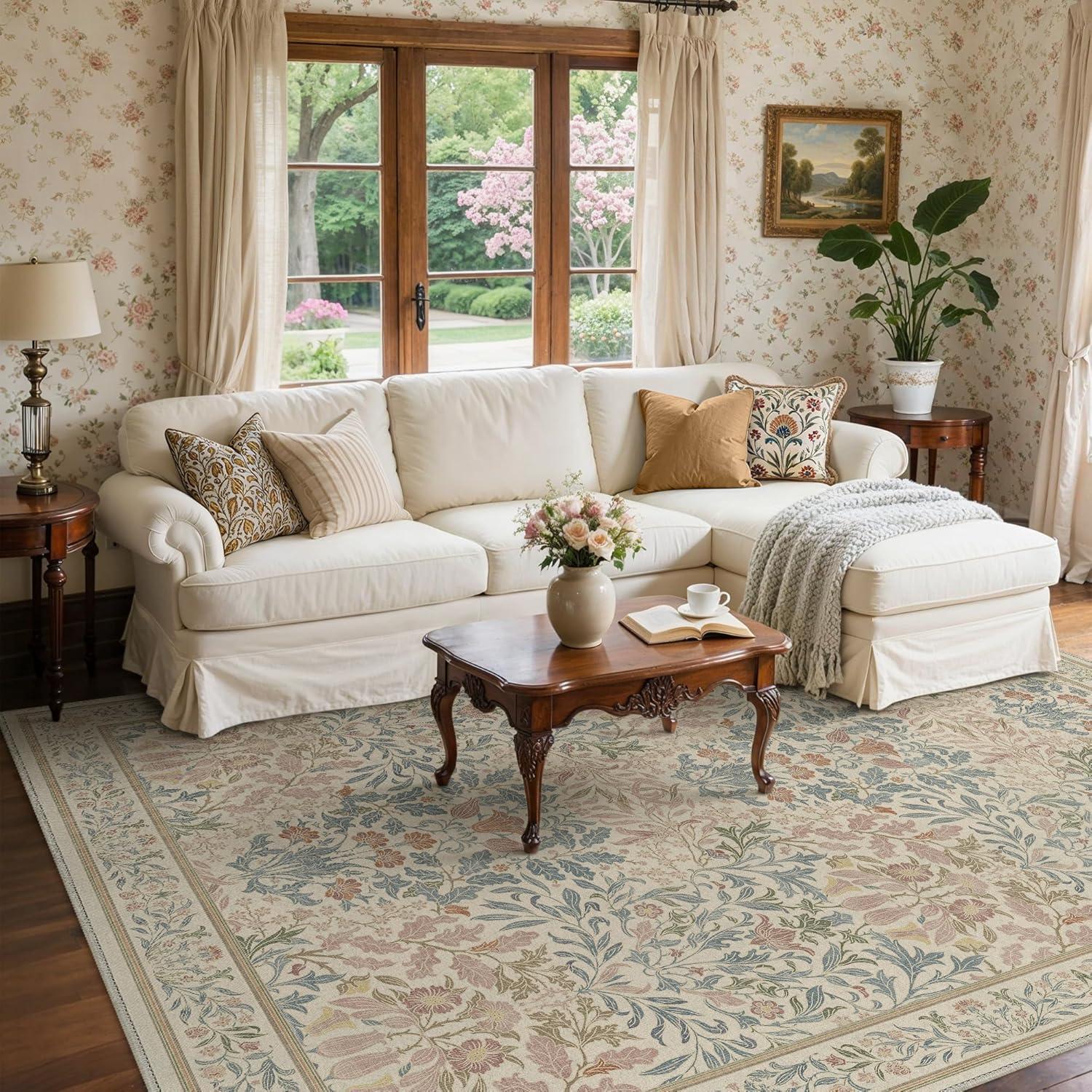 imageGENIMO 5x7 Washable Area Rug NonSlip Vintage Boho Floral Carpet Soft LowPile Thin Bedroom Rug for Living Room Dining Room Nursery Pink WhiteBeige Pink