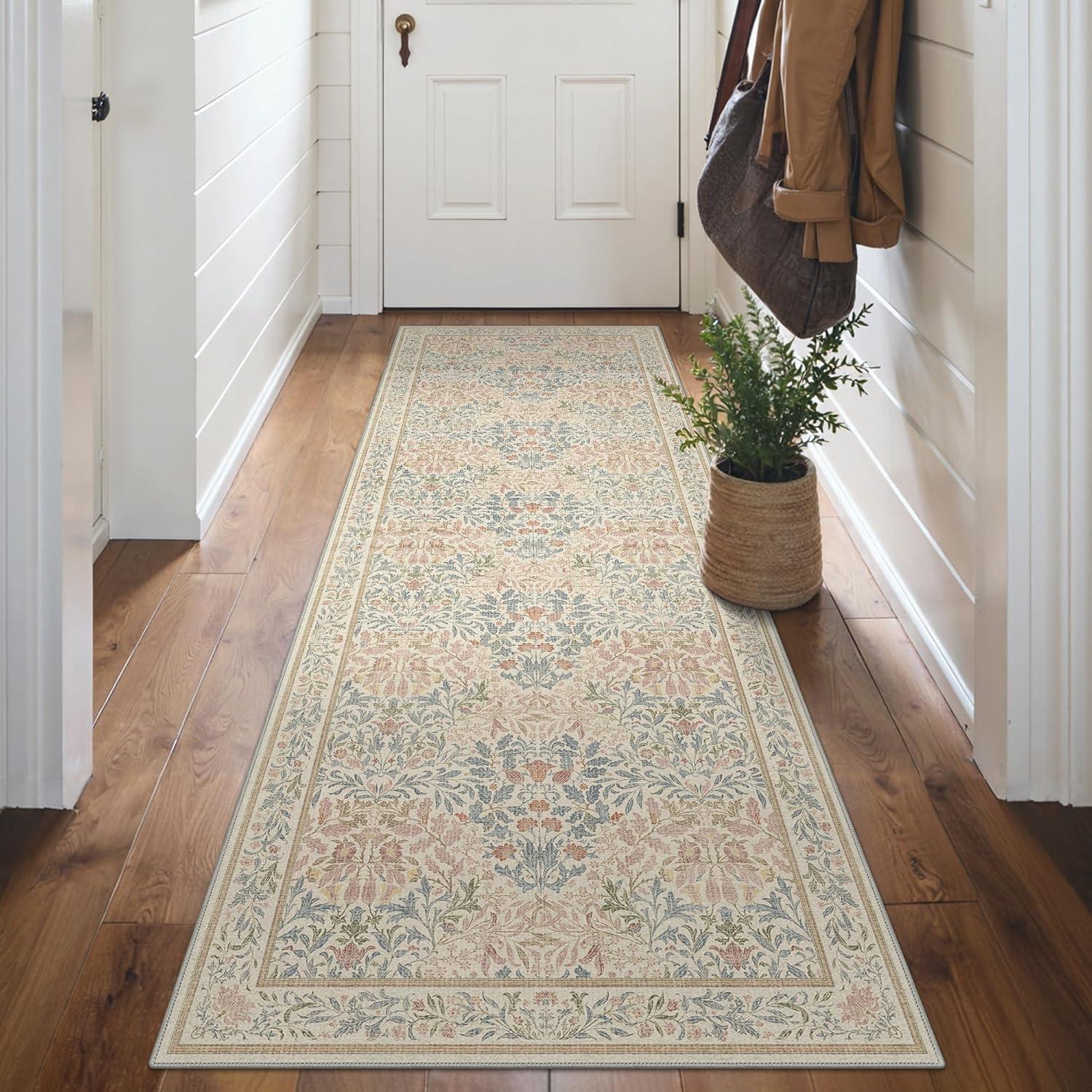 imageGENIMO 5x7 Washable Area Rug NonSlip Vintage Boho Floral Carpet Soft LowPile Thin Bedroom Rug for Living Room Dining Room Nursery Pink WhiteBeige Pink