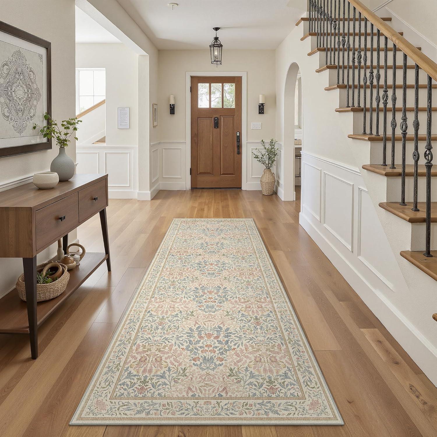 imageGENIMO 5x7 Washable Area Rug NonSlip Vintage Boho Floral Carpet Soft LowPile Thin Bedroom Rug for Living Room Dining Room Nursery Pink WhiteBeige Pink