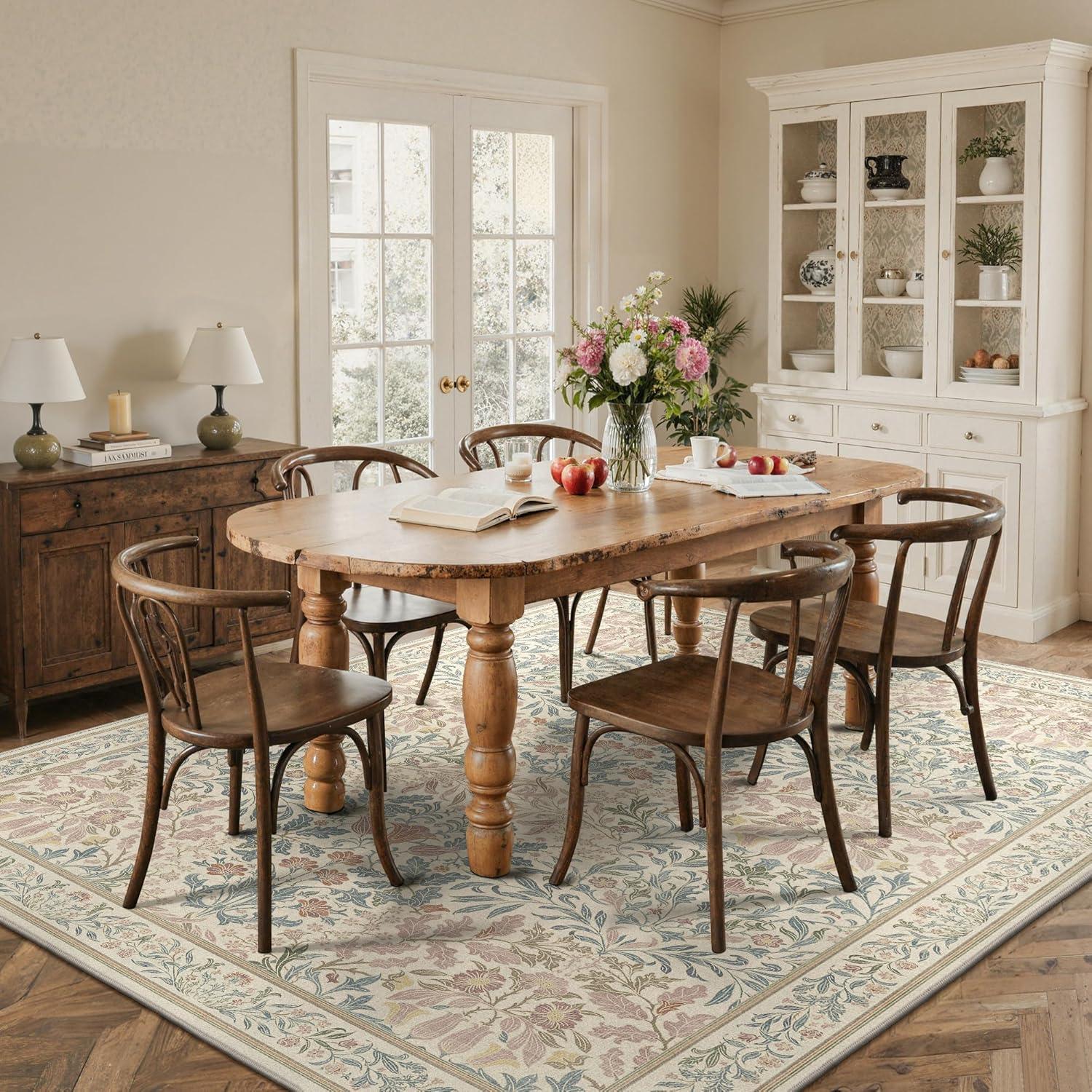 imageGENIMO 5x7 Washable Area Rug NonSlip Vintage Boho Floral Carpet Soft LowPile Thin Bedroom Rug for Living Room Dining Room Nursery Pink WhiteBeige Pink