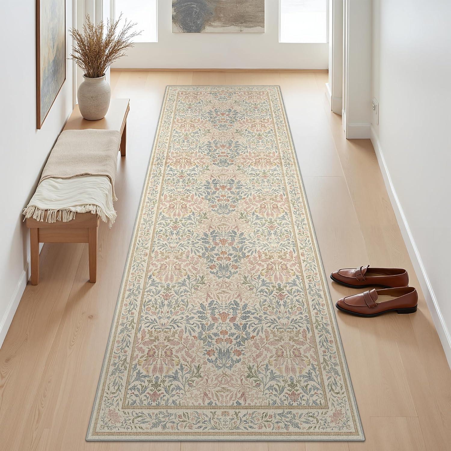 imageGENIMO 5x7 Washable Area Rug NonSlip Vintage Boho Floral Carpet Soft LowPile Thin Bedroom Rug for Living Room Dining Room Nursery Pink WhiteBeige Pink