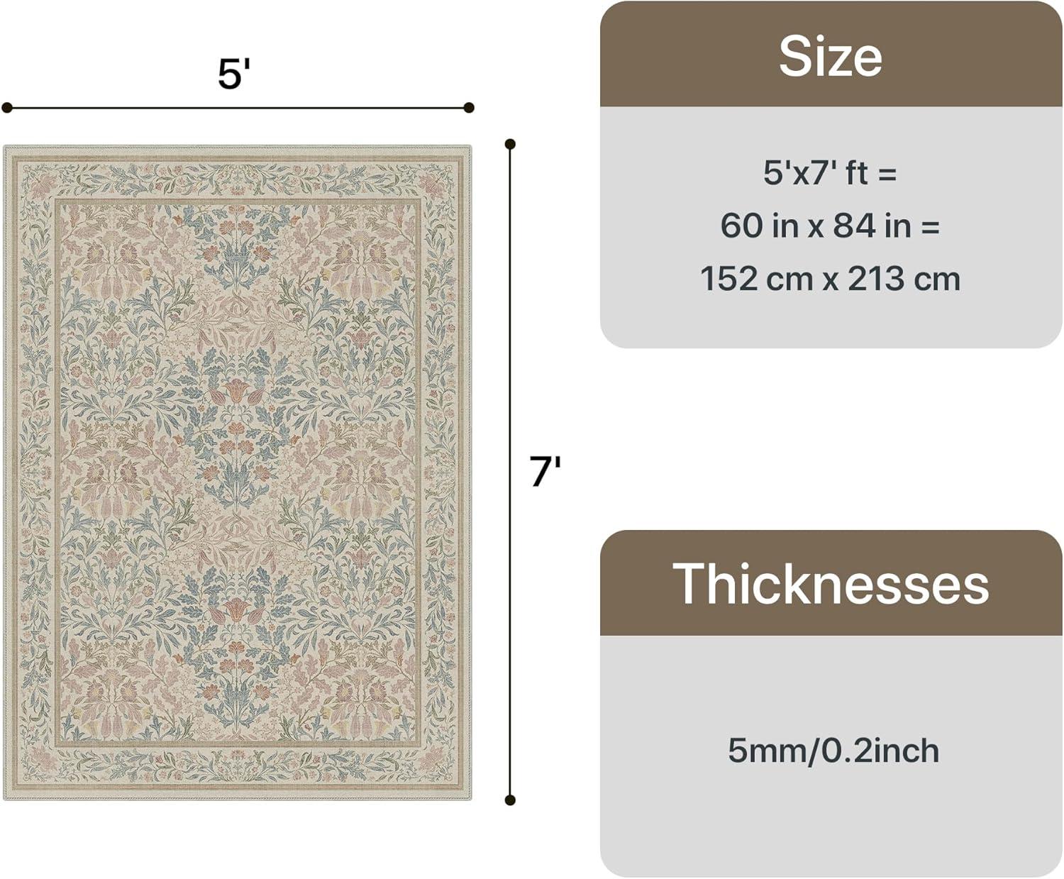 imageGENIMO 5x7 Washable Area Rug NonSlip Vintage Boho Floral Carpet Soft LowPile Thin Bedroom Rug for Living Room Dining Room Nursery Pink WhiteBeige Pink