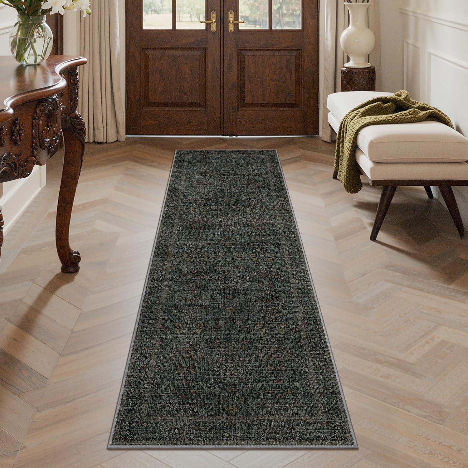 imageGENIMO 5x7 Washable Area Rug NonSlip Vintage Boho Floral Carpet Soft LowPile Thin Bedroom Rug for Living Room Dining Room Nursery Pink WhiteCharcoal Green
