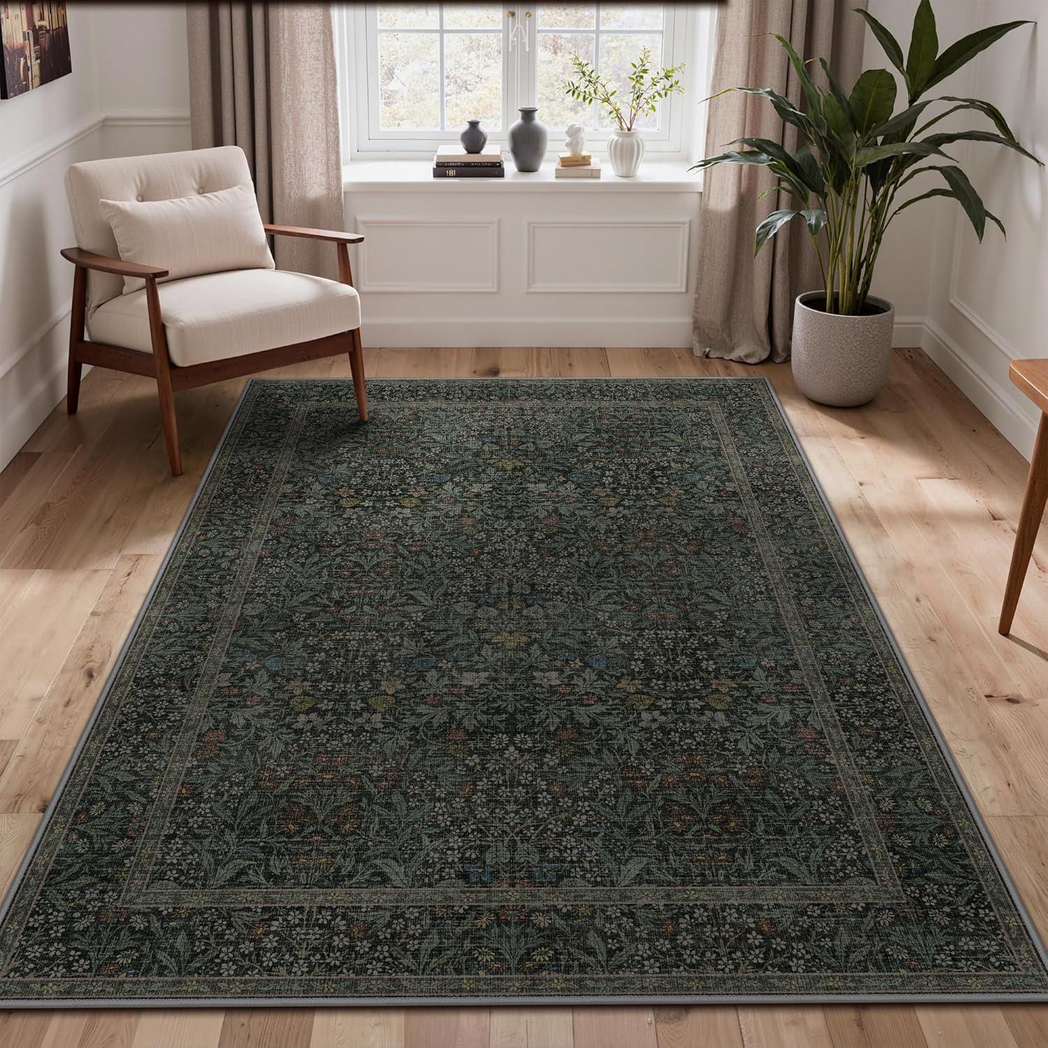 imageGENIMO 5x7 Washable Area Rug NonSlip Vintage Boho Floral Carpet Soft LowPile Thin Bedroom Rug for Living Room Dining Room Nursery Pink WhiteCharcoal Green