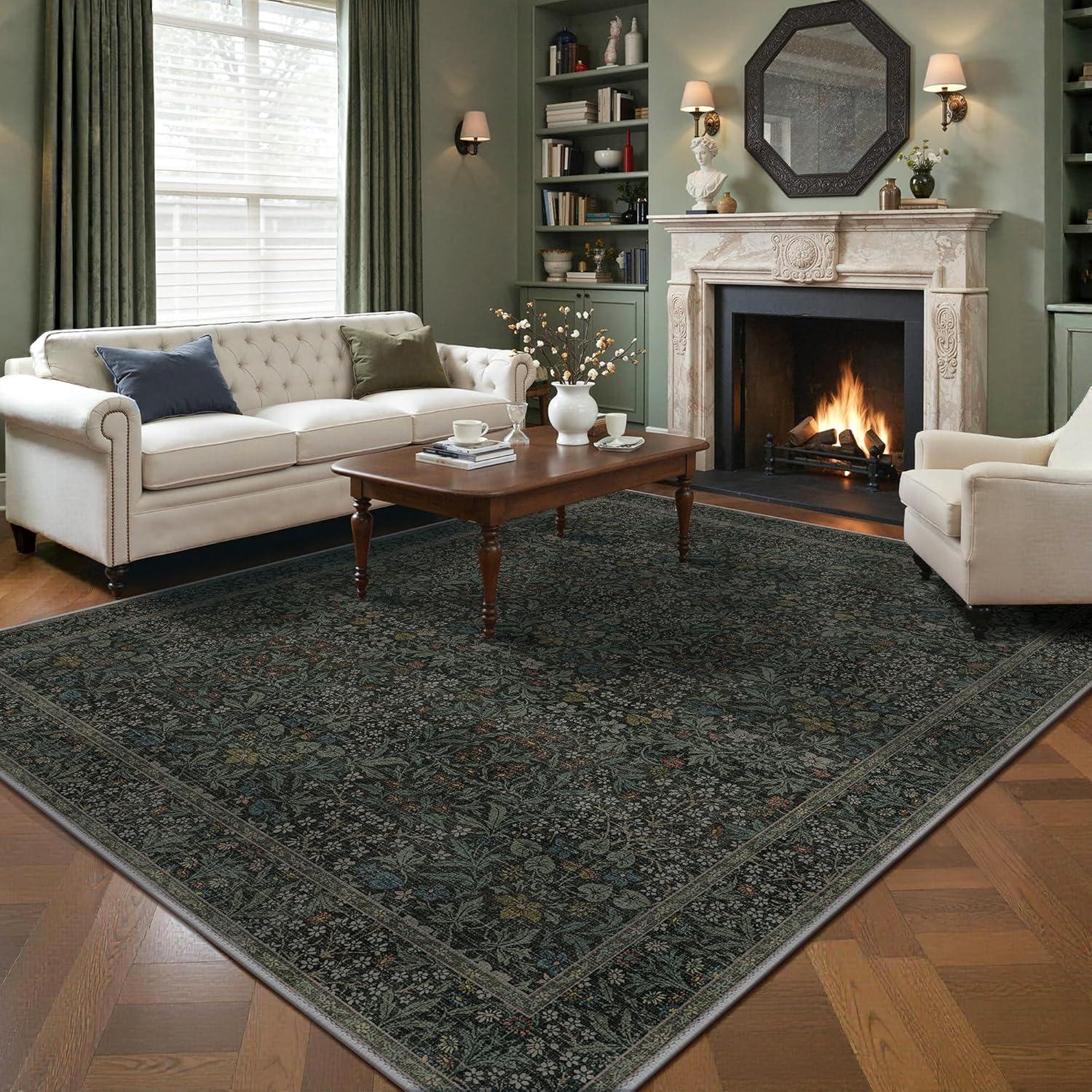 imageGENIMO 5x7 Washable Area Rug NonSlip Vintage Boho Floral Carpet Soft LowPile Thin Bedroom Rug for Living Room Dining Room Nursery Pink WhiteCharcoal Green