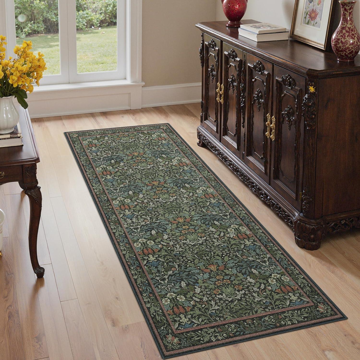 imageGENIMO 5x7 Washable Area Rug NonSlip Vintage Boho Floral Carpet Soft LowPile Thin Bedroom Rug for Living Room Dining Room Nursery Pink WhiteDark Green