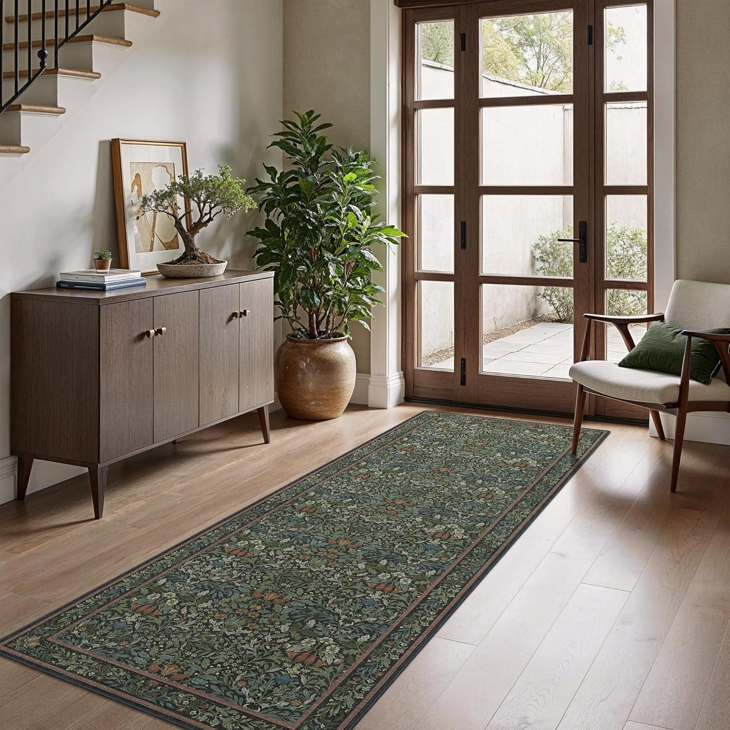 imageGENIMO 5x7 Washable Area Rug NonSlip Vintage Boho Floral Carpet Soft LowPile Thin Bedroom Rug for Living Room Dining Room Nursery Pink WhiteDark Green