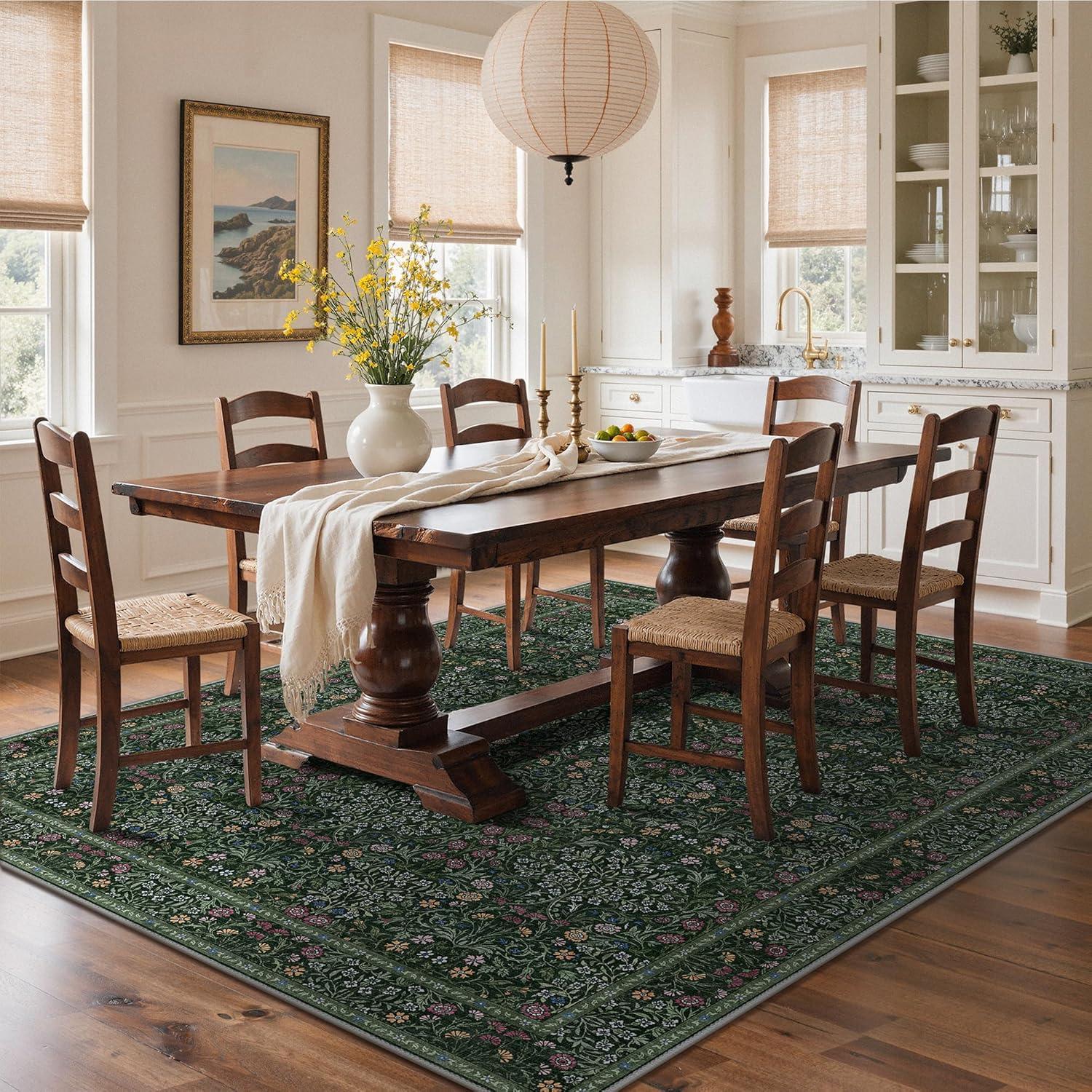 imageGENIMO 5x7 Washable Area Rug NonSlip Vintage Boho Floral Carpet Soft LowPile Thin Bedroom Rug for Living Room Dining Room Nursery Pink WhiteDark Green1