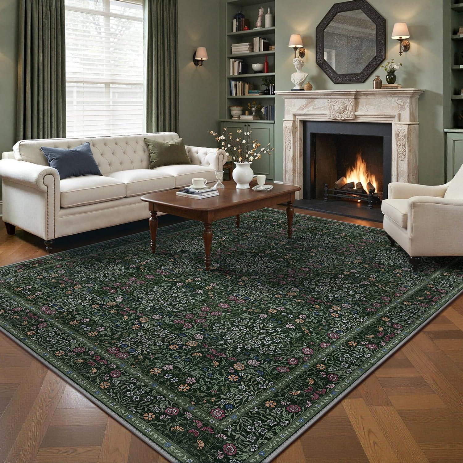 imageGENIMO 5x7 Washable Area Rug NonSlip Vintage Boho Floral Carpet Soft LowPile Thin Bedroom Rug for Living Room Dining Room Nursery Pink WhiteDark Green1