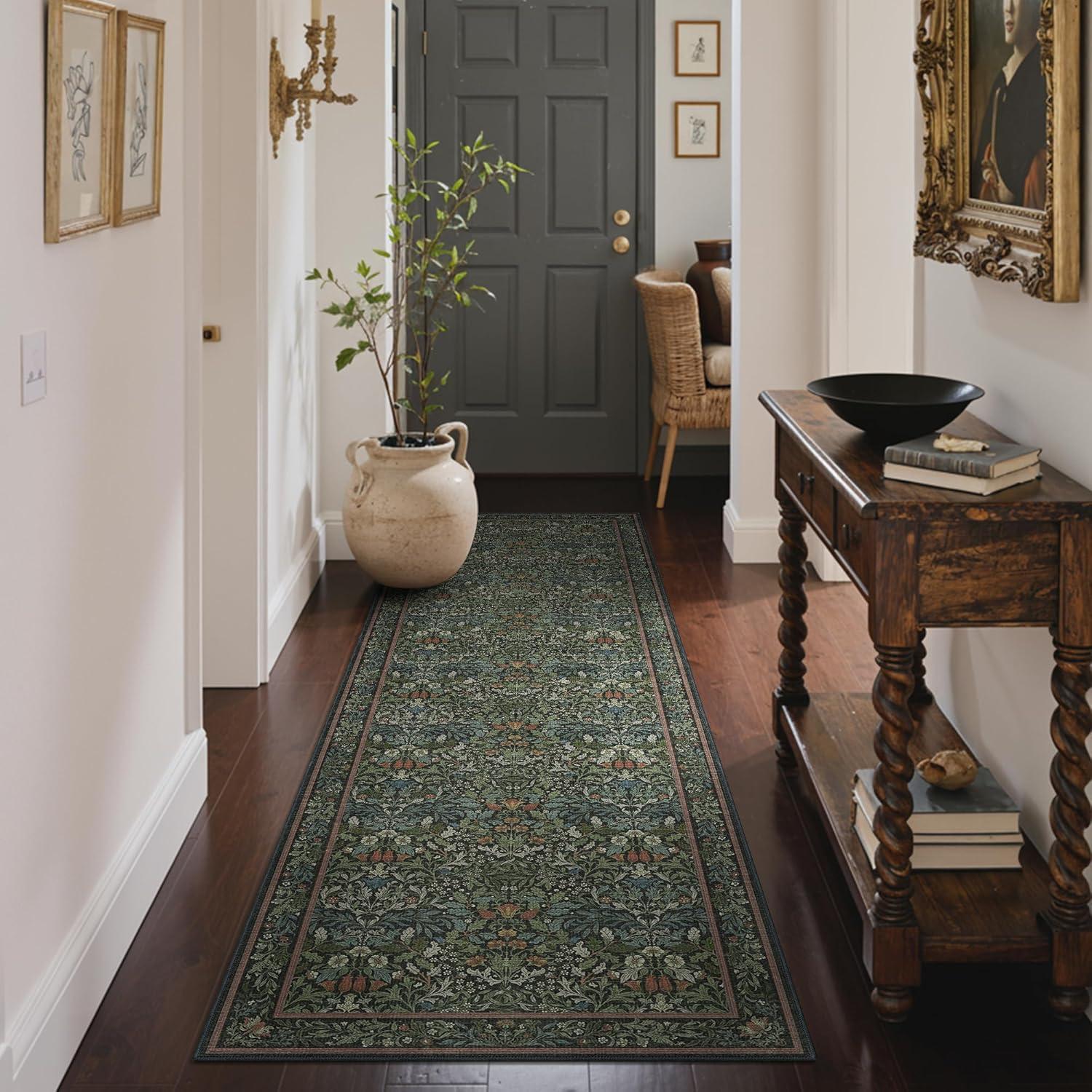imageGENIMO 5x7 Washable Area Rug NonSlip Vintage Boho Floral Carpet Soft LowPile Thin Bedroom Rug for Living Room Dining Room Nursery Pink WhiteDark Green