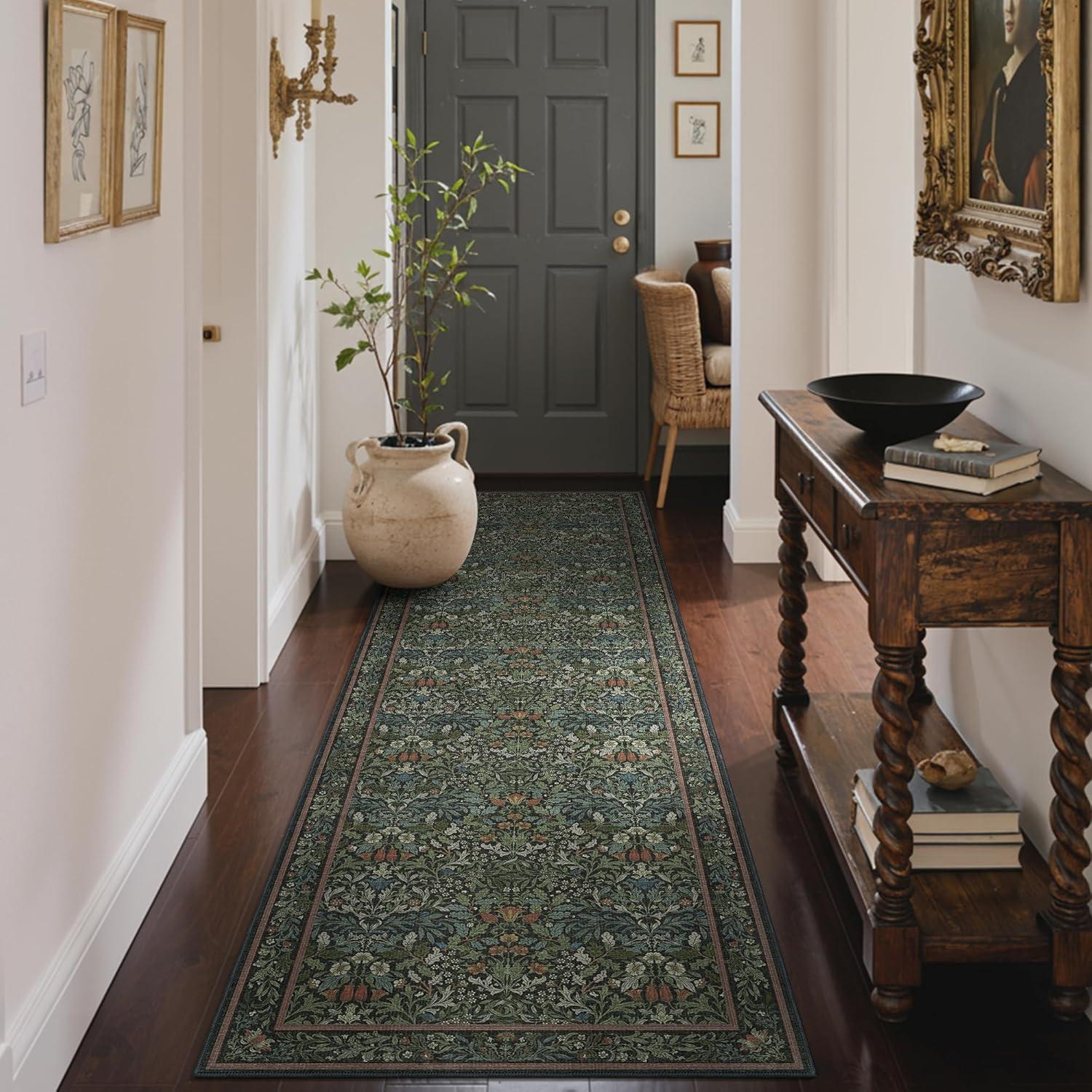 imageGENIMO 5x7 Washable Area Rug NonSlip Vintage Boho Floral Carpet Soft LowPile Thin Bedroom Rug for Living Room Dining Room Nursery Pink WhiteDark Green