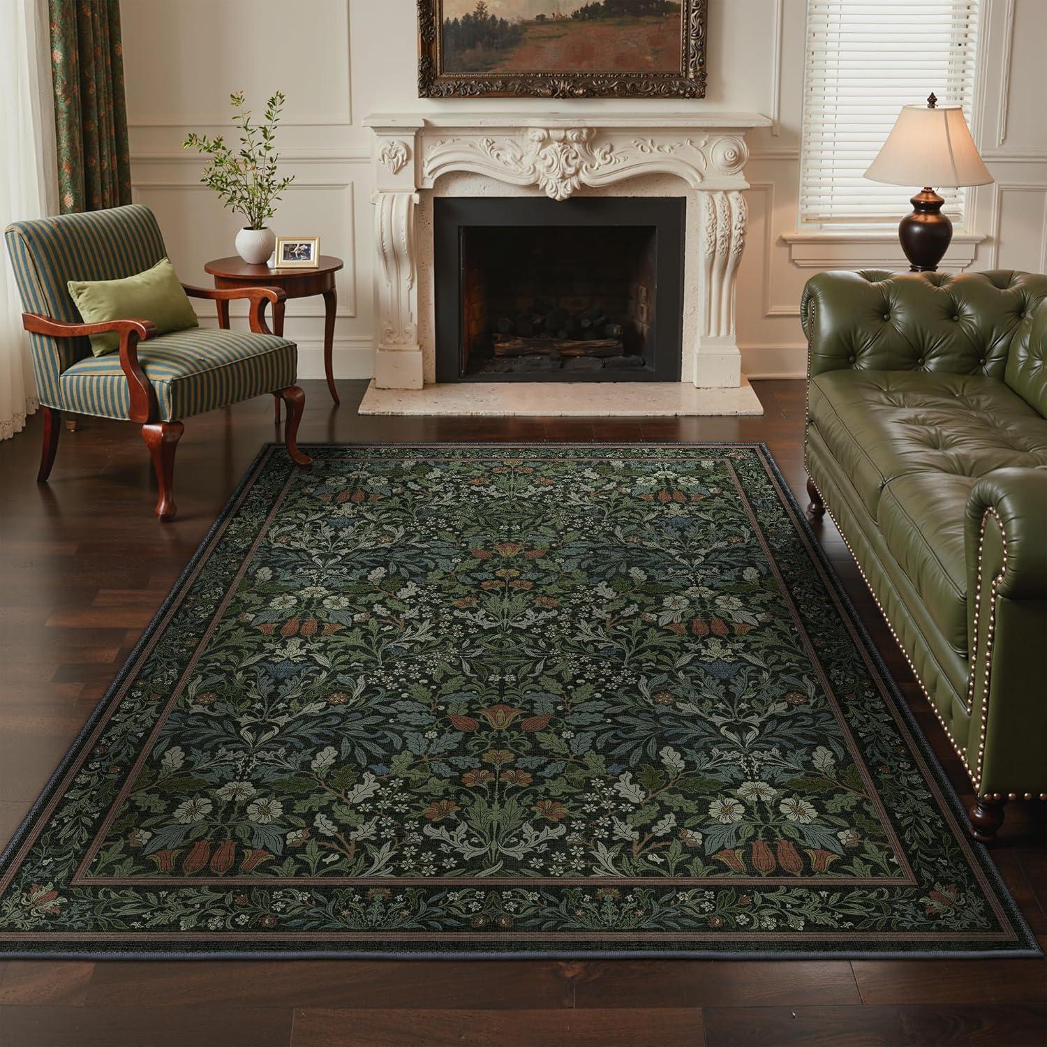 imageGENIMO 5x7 Washable Area Rug NonSlip Vintage Boho Floral Carpet Soft LowPile Thin Bedroom Rug for Living Room Dining Room Nursery Pink WhiteDark Green