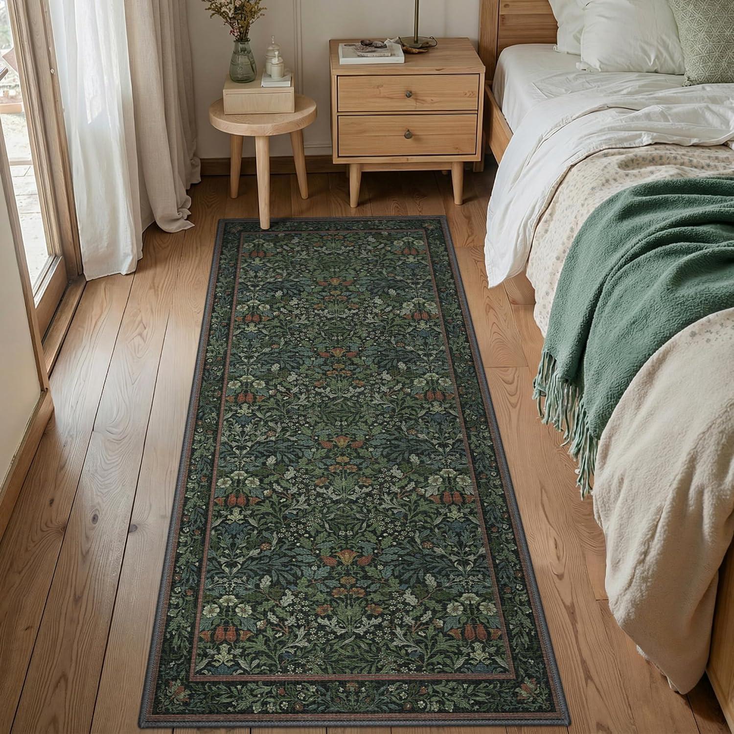 imageGENIMO 5x7 Washable Area Rug NonSlip Vintage Boho Floral Carpet Soft LowPile Thin Bedroom Rug for Living Room Dining Room Nursery Pink WhiteDark Green