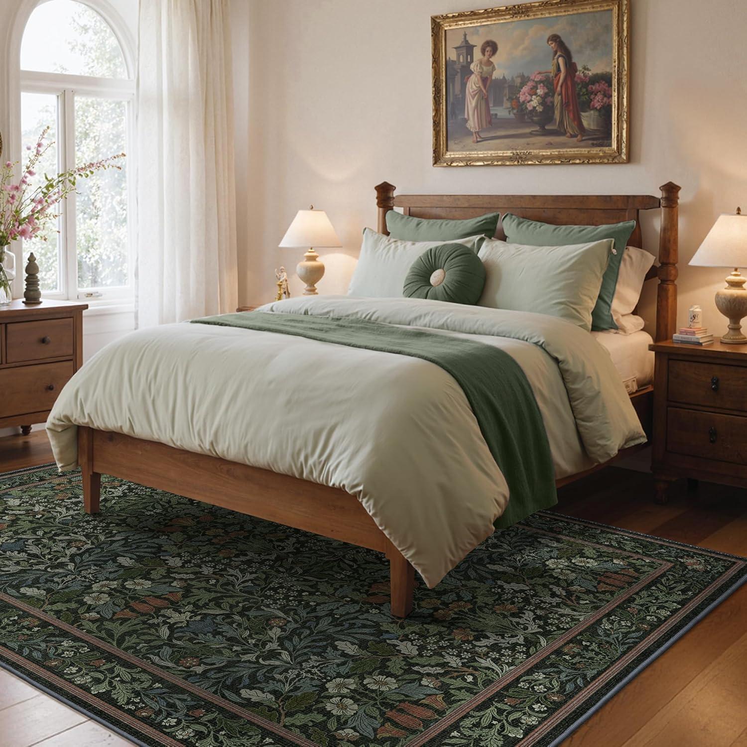 imageGENIMO 5x7 Washable Area Rug NonSlip Vintage Boho Floral Carpet Soft LowPile Thin Bedroom Rug for Living Room Dining Room Nursery Pink WhiteDark Green
