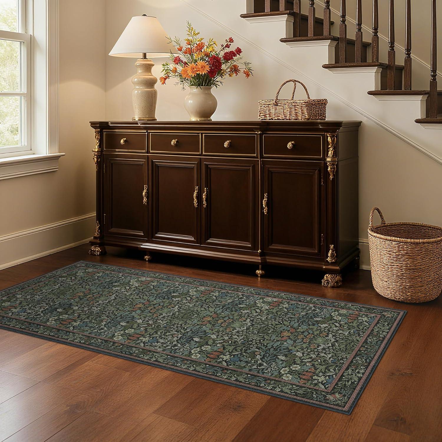 imageGENIMO 5x7 Washable Area Rug NonSlip Vintage Boho Floral Carpet Soft LowPile Thin Bedroom Rug for Living Room Dining Room Nursery Pink WhiteDark Green