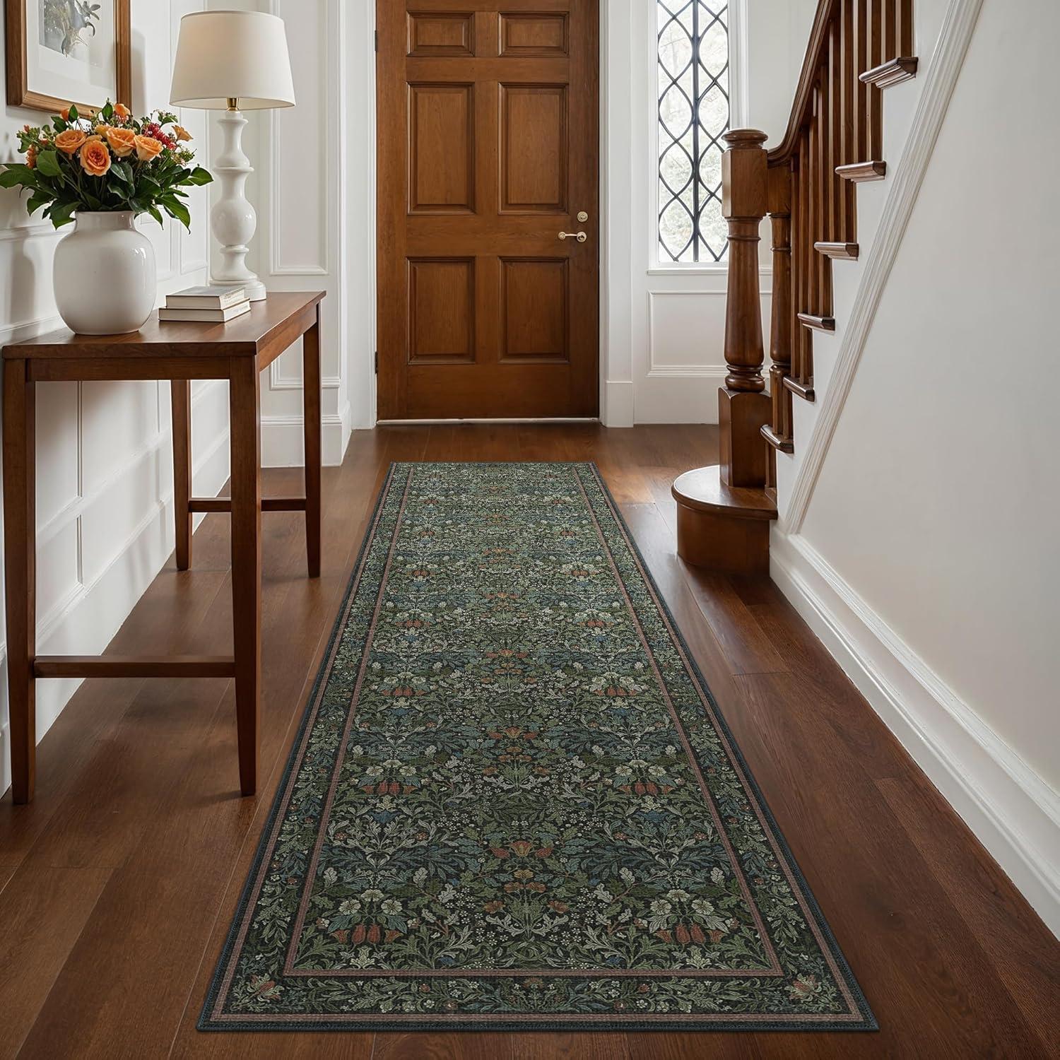 imageGENIMO 5x7 Washable Area Rug NonSlip Vintage Boho Floral Carpet Soft LowPile Thin Bedroom Rug for Living Room Dining Room Nursery Pink WhiteDark Green