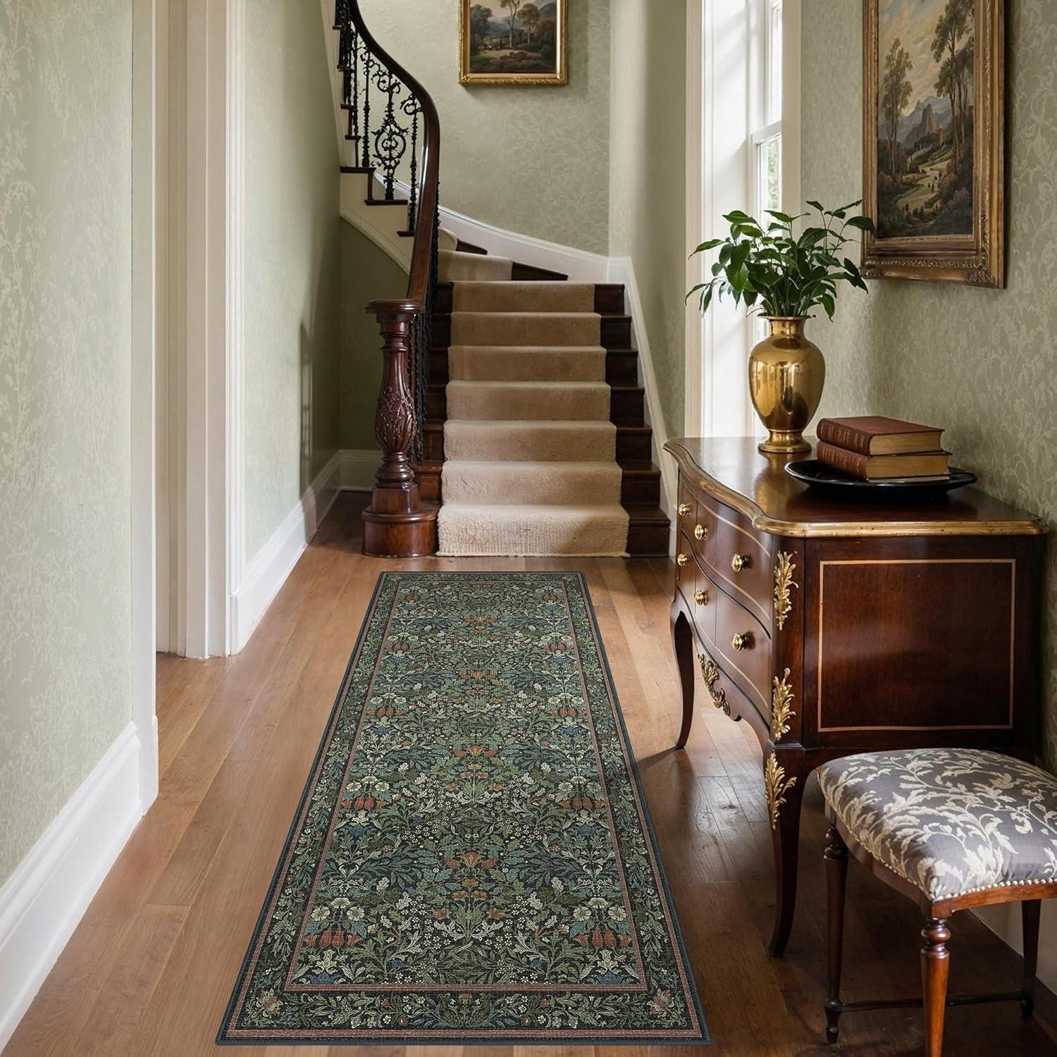 imageGENIMO 5x7 Washable Area Rug NonSlip Vintage Boho Floral Carpet Soft LowPile Thin Bedroom Rug for Living Room Dining Room Nursery Pink WhiteDark Green