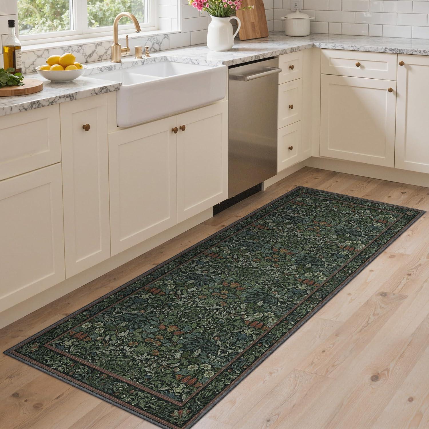 imageGENIMO 5x7 Washable Area Rug NonSlip Vintage Boho Floral Carpet Soft LowPile Thin Bedroom Rug for Living Room Dining Room Nursery Pink WhiteDark Green