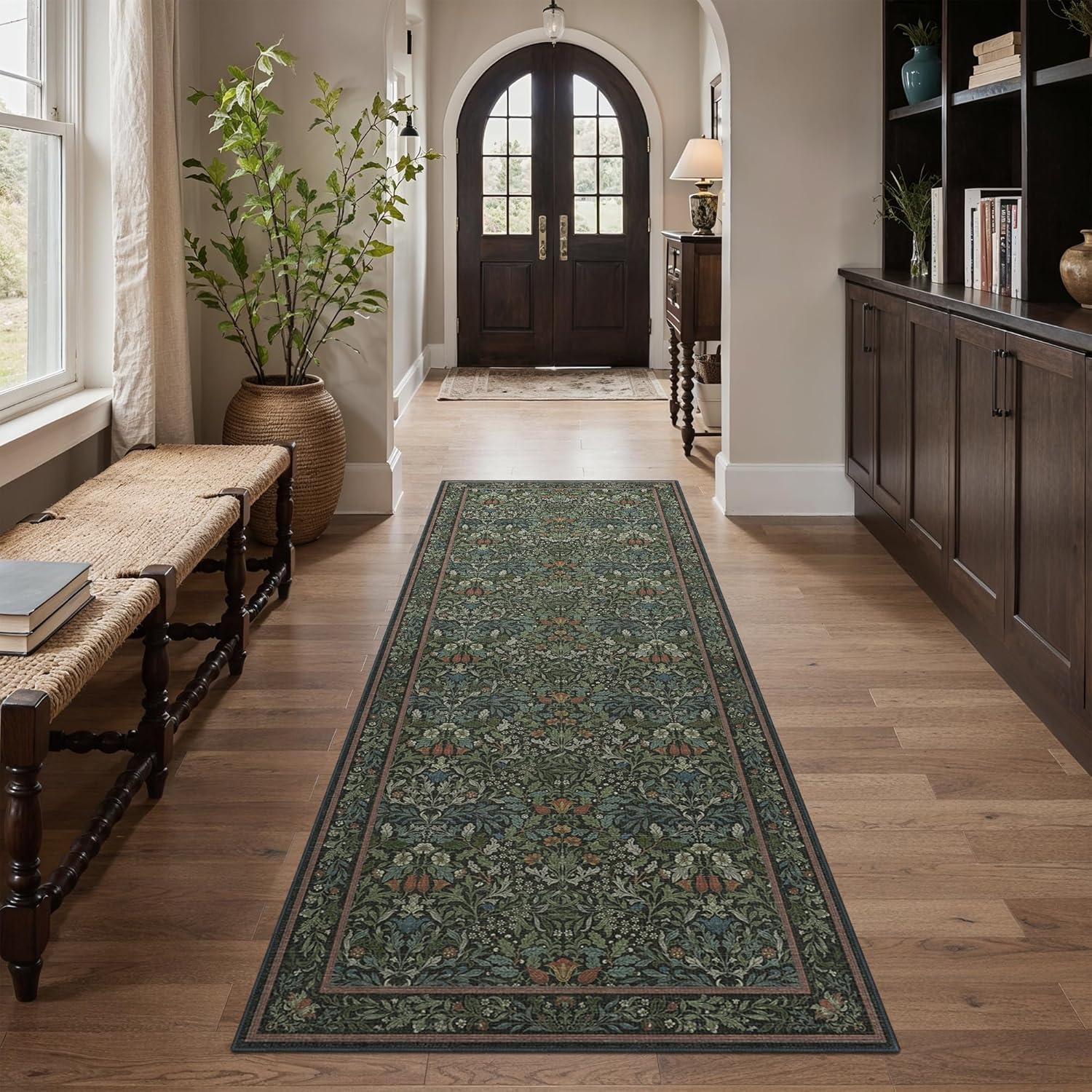 imageGENIMO 5x7 Washable Area Rug NonSlip Vintage Boho Floral Carpet Soft LowPile Thin Bedroom Rug for Living Room Dining Room Nursery Pink WhiteDark Green