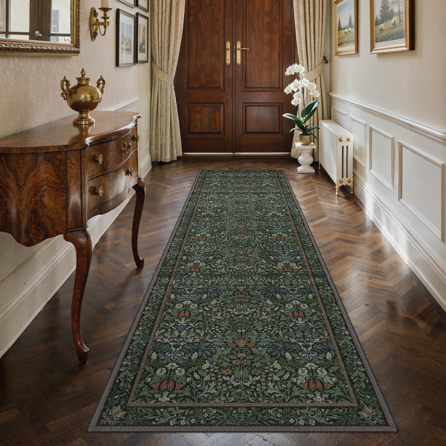 imageGENIMO 5x7 Washable Area Rug NonSlip Vintage Boho Floral Carpet Soft LowPile Thin Bedroom Rug for Living Room Dining Room Nursery Pink WhiteDark Green
