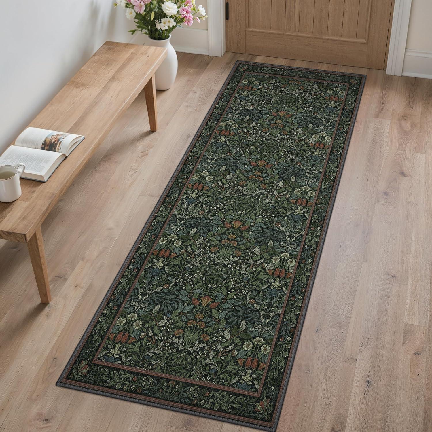 imageGENIMO 5x7 Washable Area Rug NonSlip Vintage Boho Floral Carpet Soft LowPile Thin Bedroom Rug for Living Room Dining Room Nursery Pink WhiteDark Green